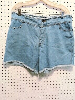 Jukebox Stud-Trim Light Blue Denim Shorts with Frayed Hem